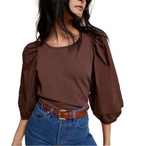 Nation LTD Blouse Top Sz L Pinot Noir Gracie Pintuck Combo Puff Sleeve Cut Out